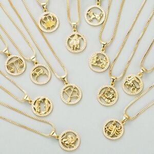 Zodiac Necklace Inlaid Zircon Gold Plated Stainless Steel